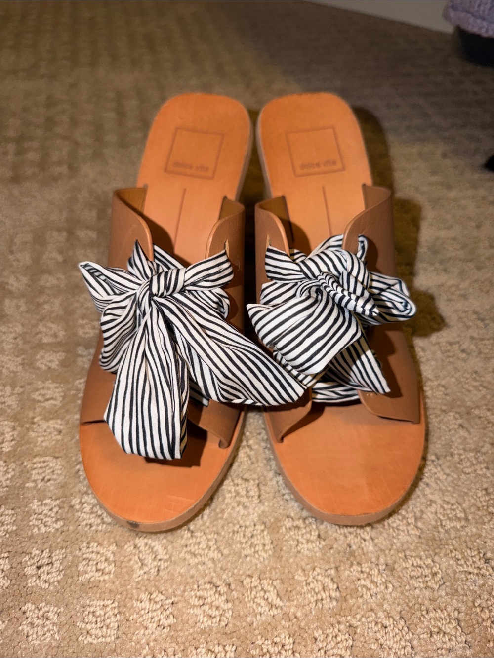 Dolce Vita Tan Slide Sandals with Black-and-White Striped Bow